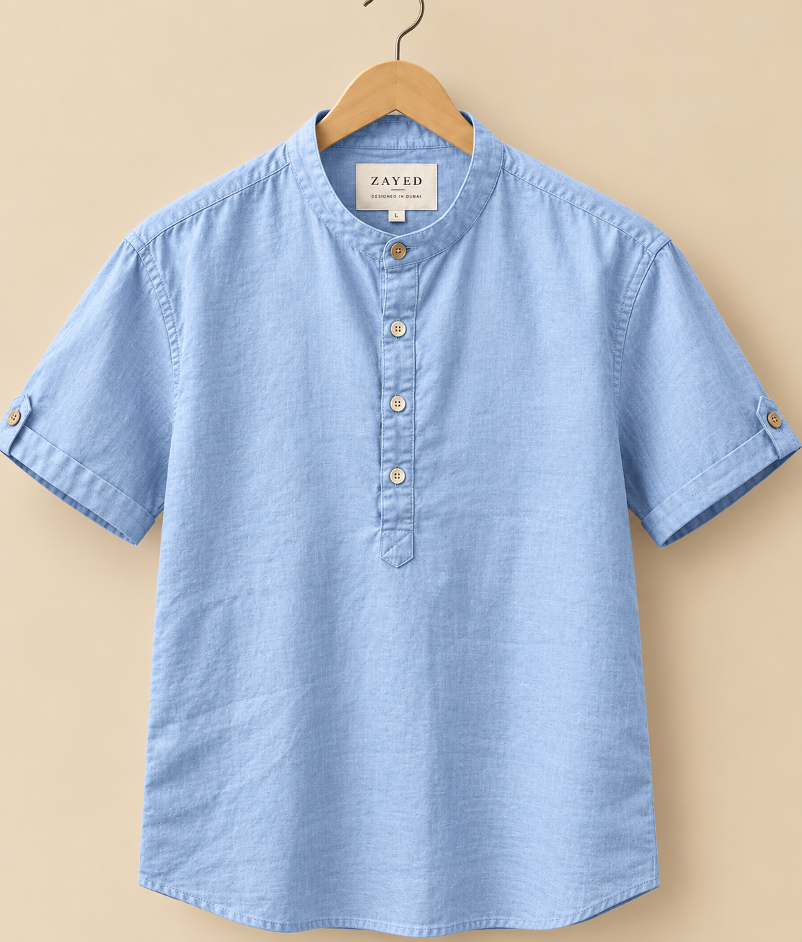 CAMISA DE LINO MANGA CORTA CUELLO MAO BURJ DUBAI — detalle de la prenda
